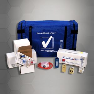 A comprehensive air quality testing kit from Arle Compressors of Florida is displayed with various components including sampling tubes, a pump, and a carrying case.