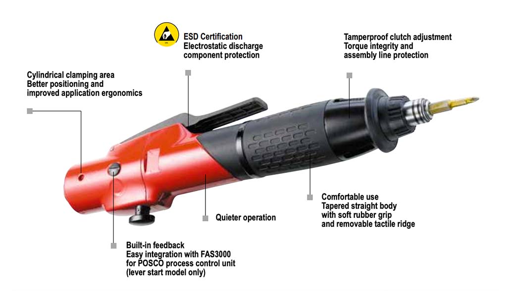 Annotated diagram of an advanced electric screwdriver highlighting its various features such as ESD certification, cylindrical clamping area, torque clutch adjustment system, ergonomic design with a soft rubber grip from Arle Com