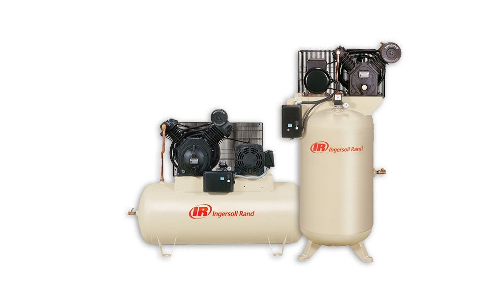 Industrial air compressor from Arle Compressors of Florida of Florida with horizontal tank and black motor mounted on top.