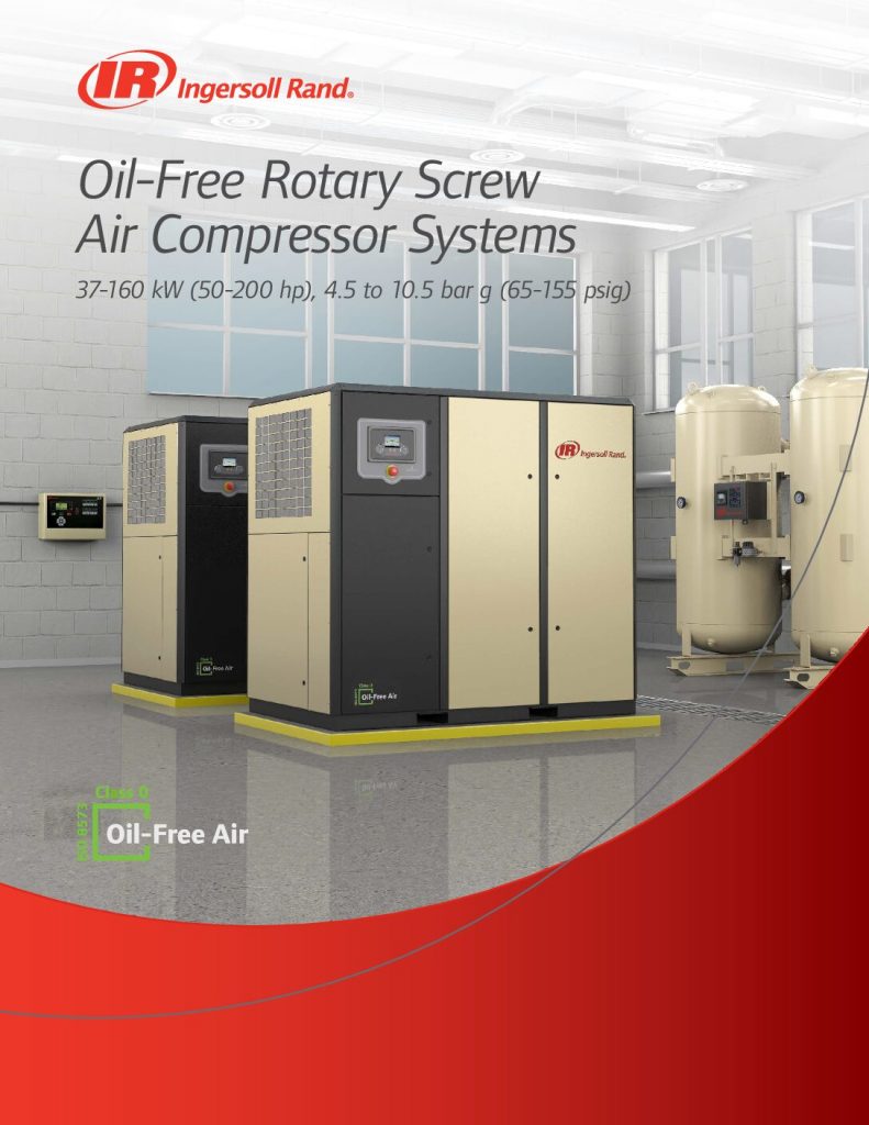 A promotional image showcasing Arle Compressors of Florida's oil-free rotary screw air compressor systems in an industrial setting, emphasizing their power range and efficiency.