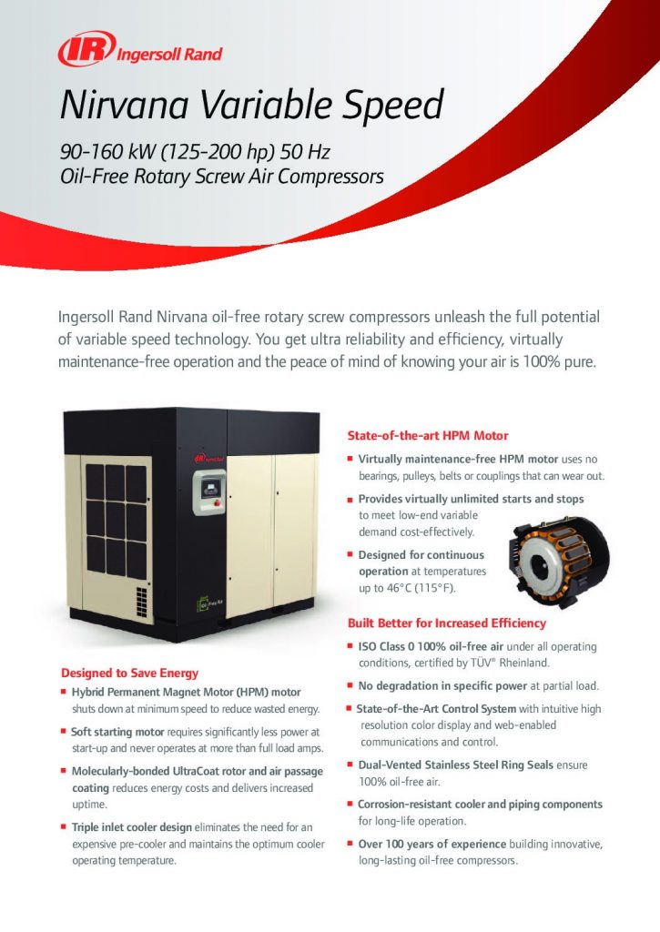 An advertisement for Arle Compressors of Florida's Ingersoll Rand Nirvana variable speed oil-free rotary screw air compressors, highlighting their efficiency, technology, and reliability features.